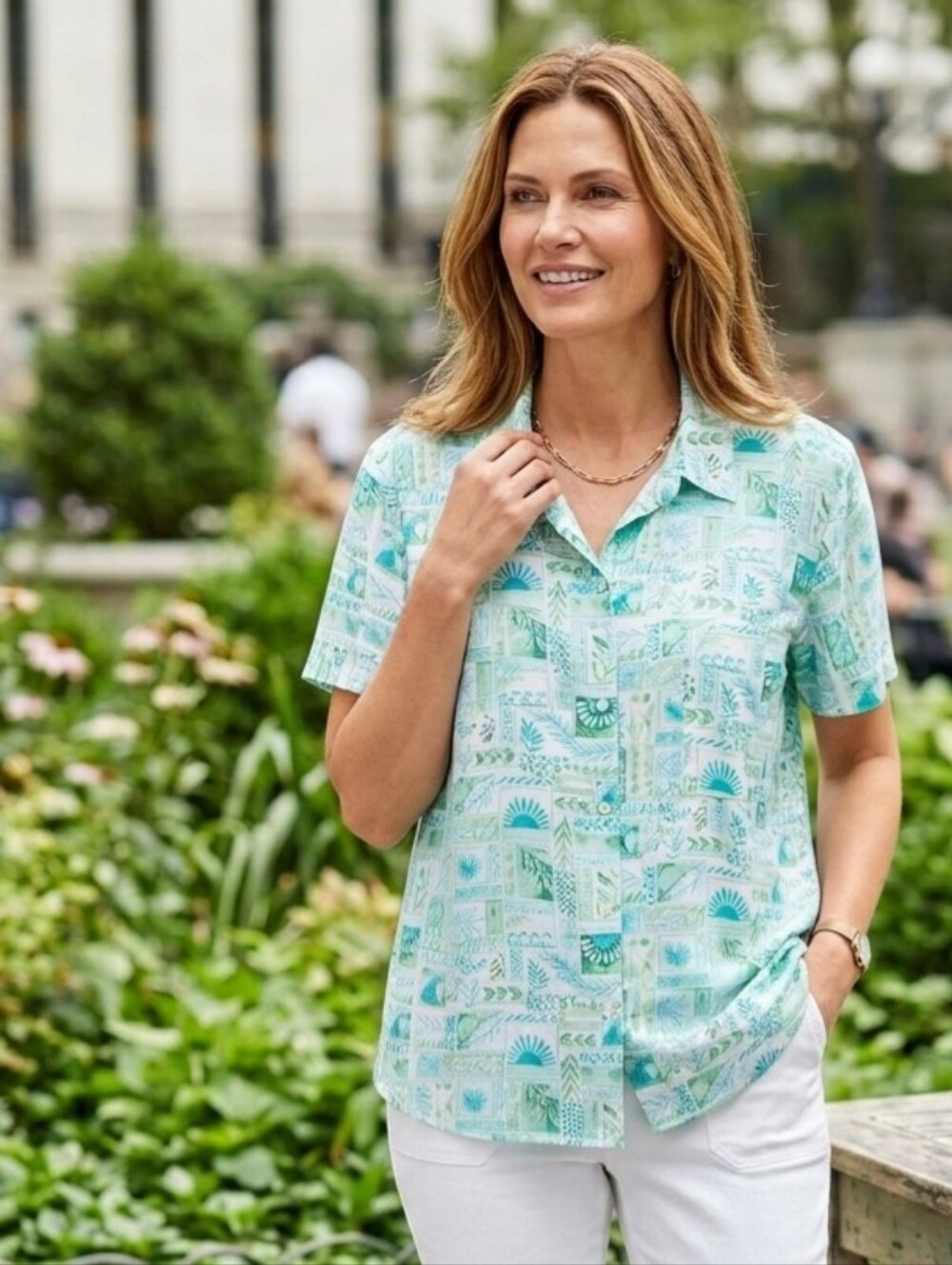 croft & barrow Green and Aqua Patchwork Botanical Button-Up Shirt
